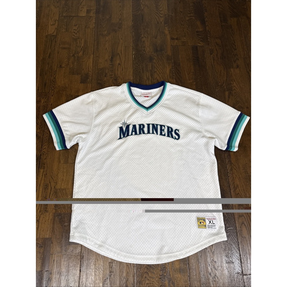 Mitchell & Ness Mariners Cooperstown Mesh V-Neck Pullover Jersey Mens XL White